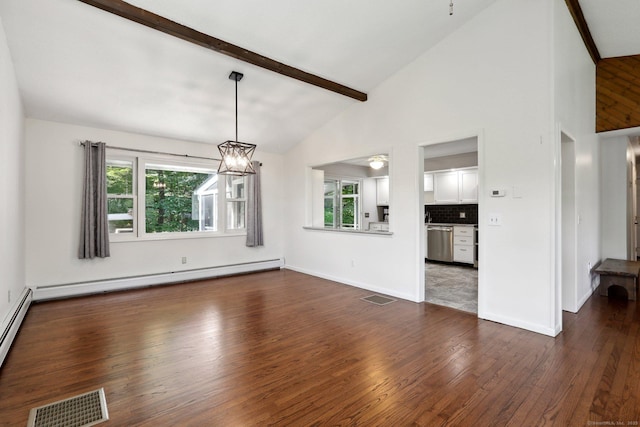 36 Musket Ridge Rd, New Fairfield, CT 06812 - unfurnished living room with a baseboard heating unit, dark wood-style flooring, a chandelier, beamed ceiling, and high vaulted ceiling