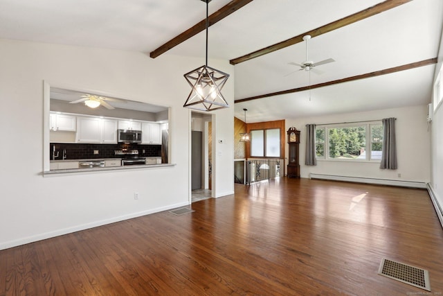 36 Musket Ridge Rd, New Fairfield, CT 06812 - unfurnished living room with ceiling fan, baseboard heating, and dark wood-style flooring