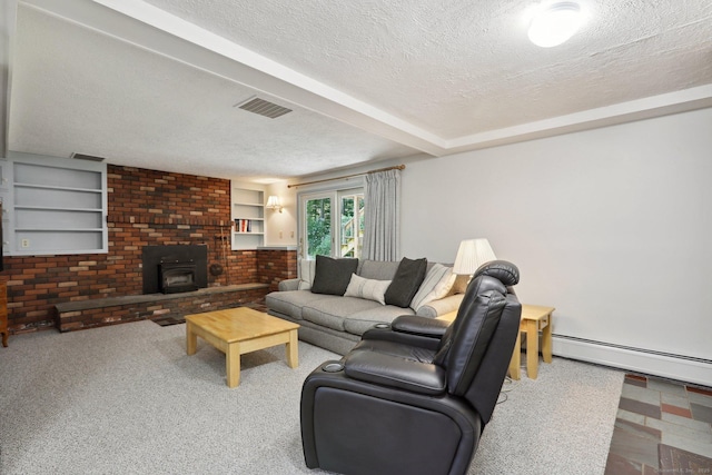 36 Musket Ridge Rd, New Fairfield, CT 06812 - carpeted living area with baseboard heating, a textured ceiling, built in shelves, beamed ceiling, and a wood stove