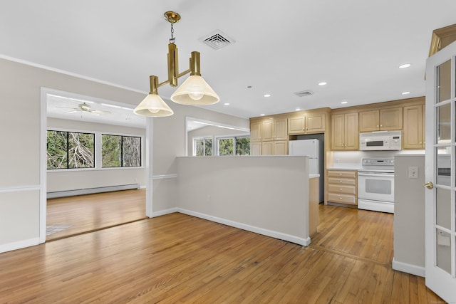 285 Greens Farms Rd, Westport, CT 06880 - kitchen featuring white appliances, a baseboard radiator, light wood finished floors, open floor plan, and recessed lighting