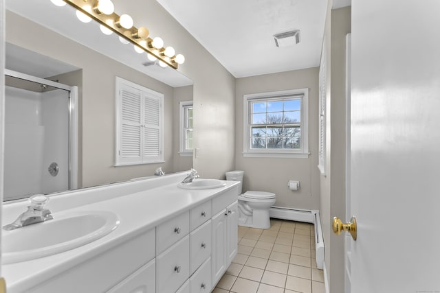 285 Greens Farms Rd, Westport, CT 06880 - full bathroom with baseboard heating, tile patterned floors, a shower with door, toilet, and double vanity