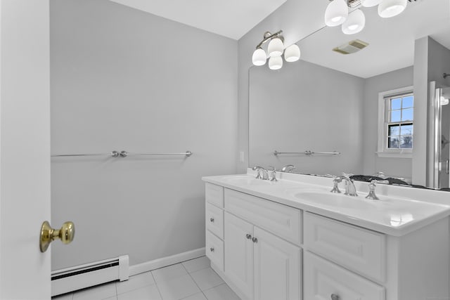 285 Greens Farms Rd, Westport, CT 06880 - full bathroom with a baseboard heating unit, tile patterned floors, double vanity, and baseboards