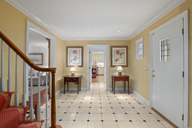 foyer with stairs, baseboards, ornamental molding, and light floors