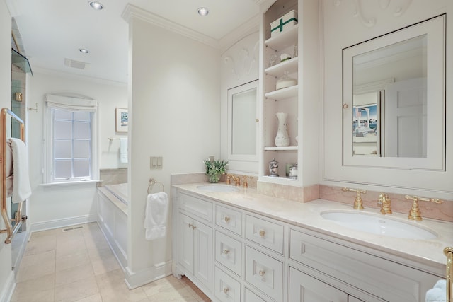 full bathroom with crown molding, double vanity, and a sink
