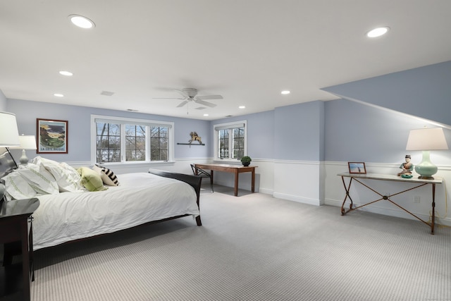 bedroom featuring recessed lighting, a ceiling fan, visible vents, and carpet floors