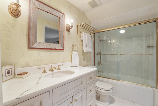 full bath with vanity, visible vents, toilet, enclosed tub / shower combo, and wallpapered walls