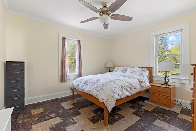 bedroom featuring crown molding, a ceiling fan, stone finish floor, and baseboards