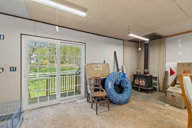 basement with a wood stove