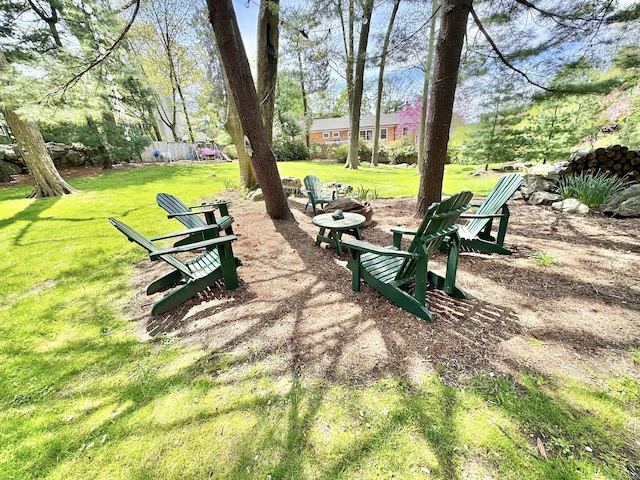 surrounding community featuring a yard and an outdoor fire pit