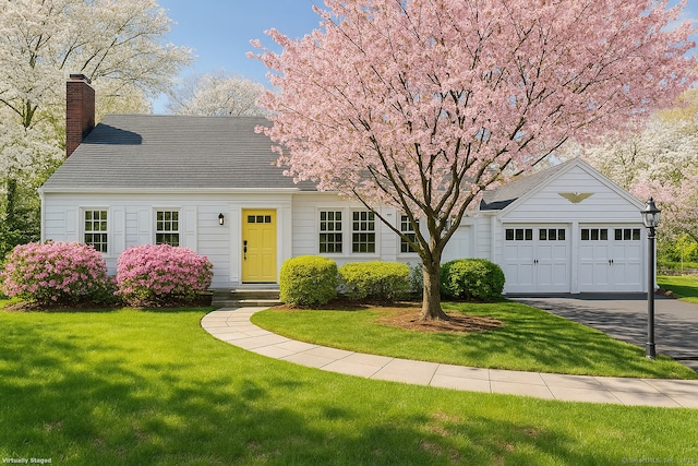 view of front of house with a front lawn, a chimney, and aphalt driveway