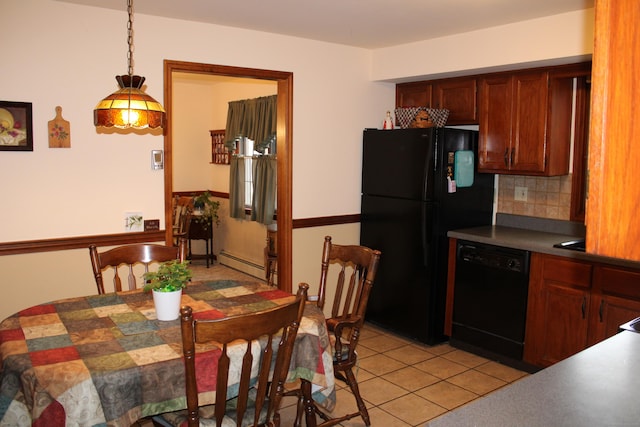 244 Walnut Tree Hill Rd, Shelton, CT 06484 - kitchen with a baseboard heating unit, light tile patterned floors, backsplash, decorative light fixtures, and black appliances