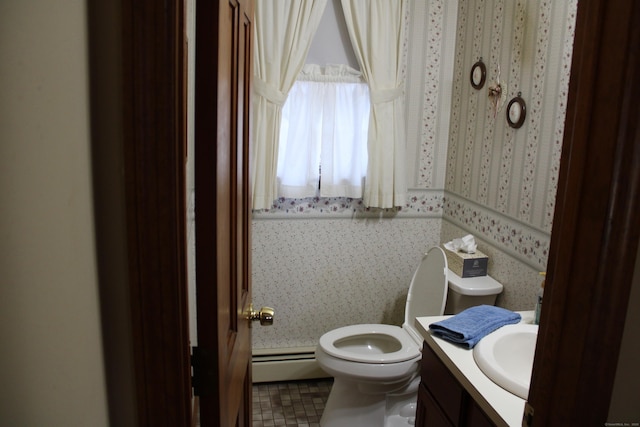244 Walnut Tree Hill Rd, Shelton, CT 06484 - half bath with toilet, a baseboard radiator, wallpapered walls, and vanity