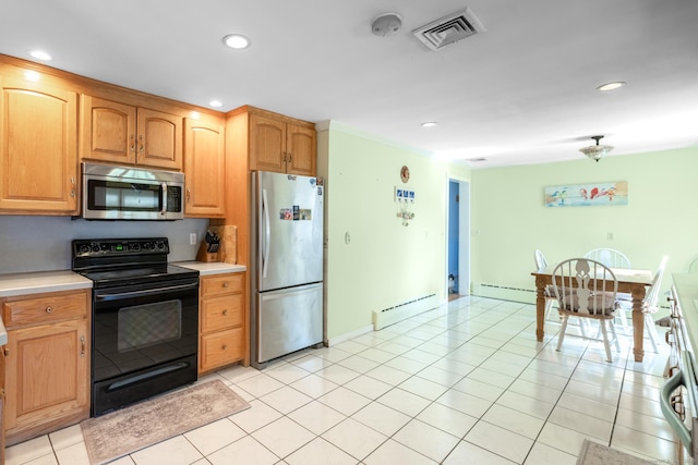 269 Silver Hill Rd, Derby, CT 06418 - kitchen featuring baseboard heating, appliances with stainless steel finishes, light countertops, and visible vents