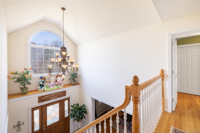 269 Silver Hill Rd, Derby, CT 06418 - interior space featuring an upstairs landing, an inviting chandelier, wood finished floors, and lofted ceiling