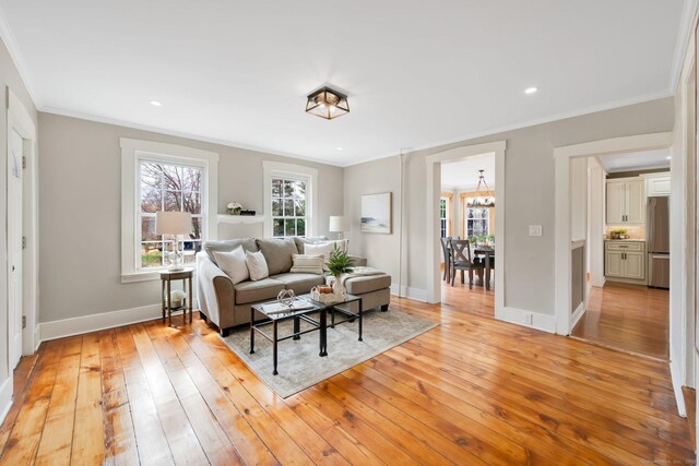 living area featuring ornamental molding, light wood finished floors, and a wealth of natural light