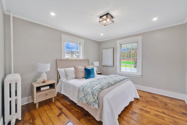 bedroom featuring baseboards, radiator, multiple windows, and wood-type flooring