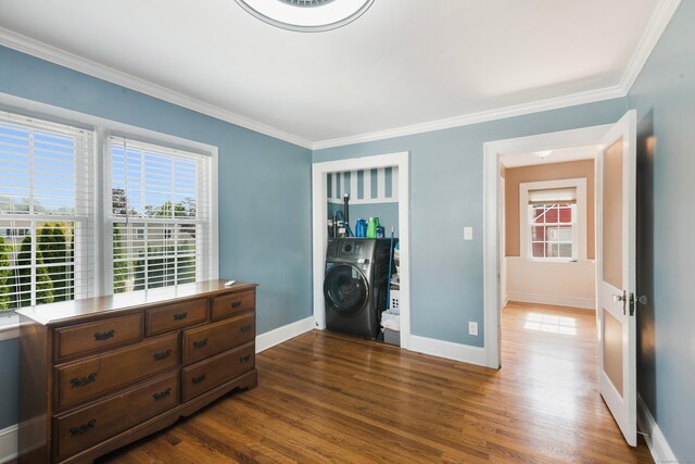 37 Dale Rd, Wethersfield, CT 06109 - bedroom with washer / dryer, dark wood-style floors, and ornamental molding