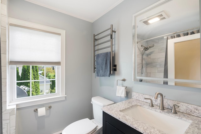 37 Dale Rd, Wethersfield, CT 06109 - bathroom featuring vanity, tiled shower, ornamental molding, and a towel warmer