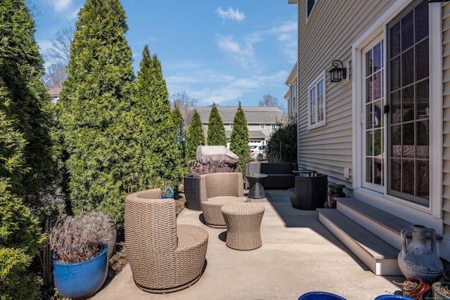 view of patio / terrace with outdoor lounge area and entry steps