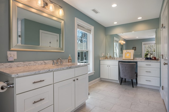 full bathroom featuring a healthy amount of sunlight, two vanities, recessed lighting, and visible vents