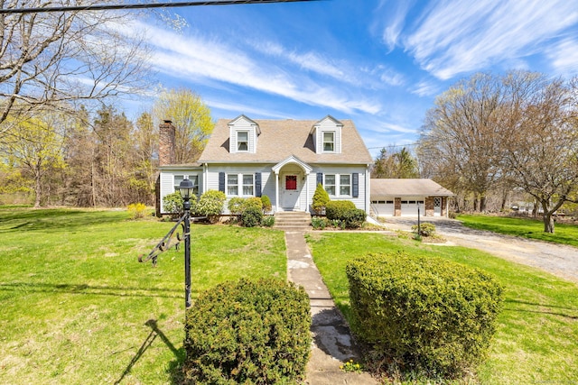 cape cod house with a garage, a front lawn, a chimney, dirt driveway, and a shingled roof