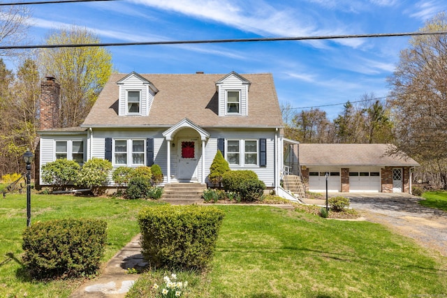 new england style home with a garage, dirt driveway, a chimney, and a front lawn