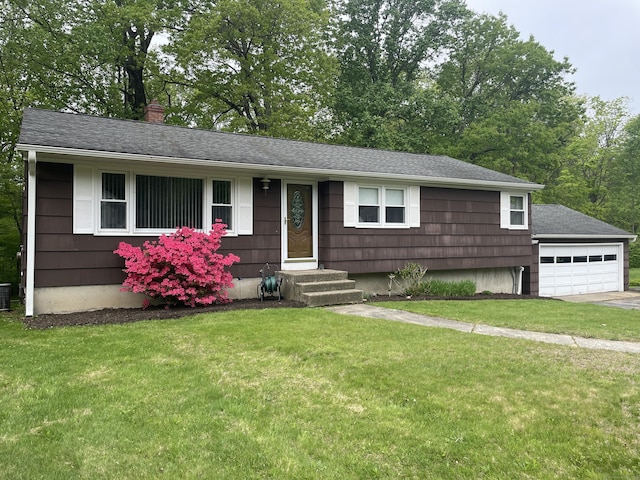 7 Glen Cir, Seymour, CT 06483 - view of front facade featuring a garage, a front lawn, a chimney, a shingled roof, and central AC