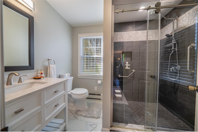 bathroom with a baseboard heating unit, toilet, marble finish floor, a shower stall, and vanity
