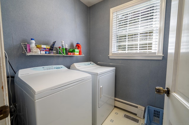 laundry room with washing machine and clothes dryer, visible vents, laundry area, and a baseboard radiator