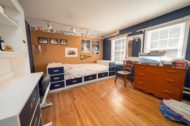 bedroom featuring rail lighting and light wood finished floors