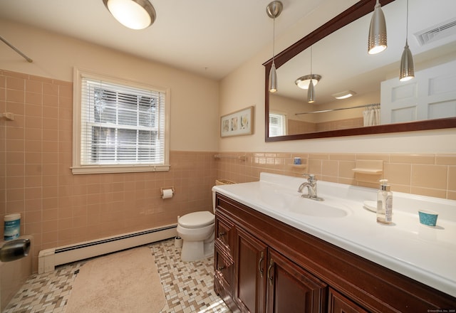 full bathroom with a baseboard heating unit, tile walls, a shower with curtain, toilet, and visible vents