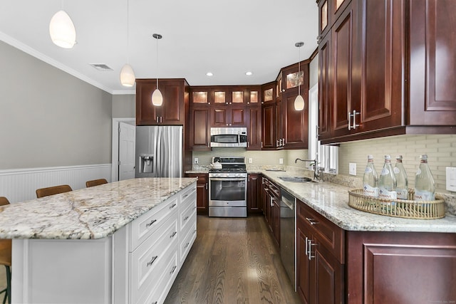 10 Applegate Ln, Monroe, CT 06468 - kitchen featuring stainless steel appliances, dark wood finished floors, glass insert cabinets, crown molding, and a wainscoted wall