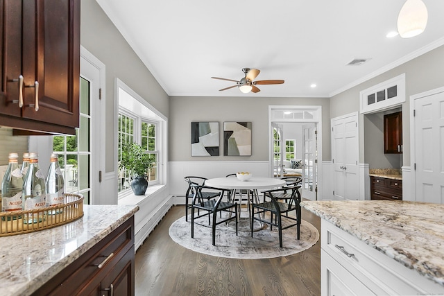 10 Applegate Ln, Monroe, CT 06468 - dining room with dark wood-style floors, a wainscoted wall, ceiling fan, ornamental molding, and recessed lighting