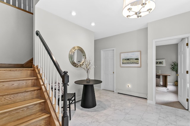10 Applegate Ln, Monroe, CT 06468 - stairway featuring a baseboard radiator, marble look tile flooring, and a chandelier