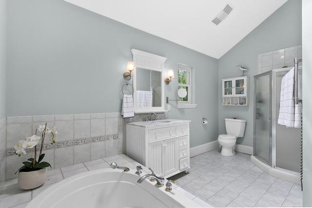 10 Applegate Ln, Monroe, CT 06468 - bathroom featuring vanity, a stall shower, vaulted ceiling, and a garden tub