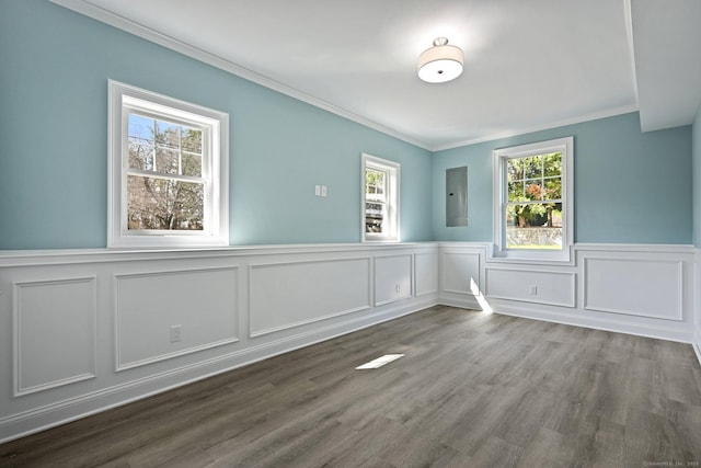 01 Sunrise Rd, Danbury, CT 06811 - empty room featuring crown molding, wainscoting, dark wood-type flooring, electric panel, and a decorative wall