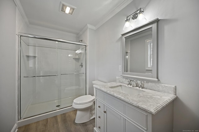 01 Sunrise Rd, Danbury, CT 06811 - bathroom featuring ornamental molding, a stall shower, vanity, and wood finished floors