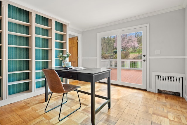 office featuring ornamental molding and radiator heating unit