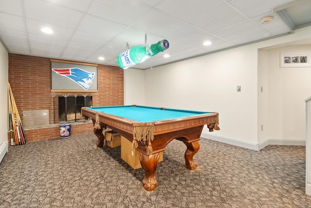rec room with billiards, a fireplace, baseboards, carpet, and recessed lighting