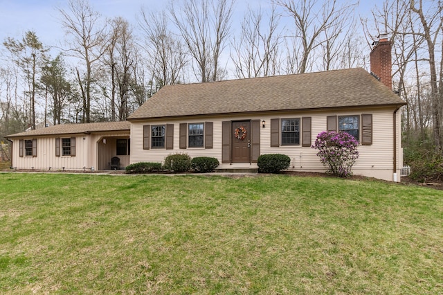 17 Fernwood Ln, Somers, CT 06071 - ranch-style house featuring roof with shingles, a chimney, board and batten siding, and a front lawn