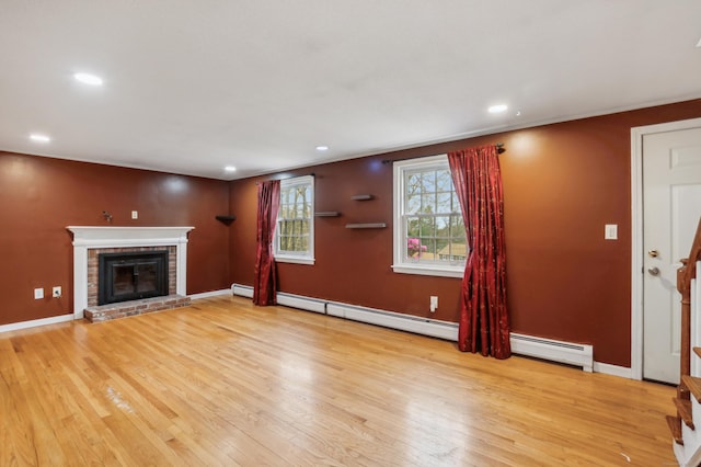 17 Fernwood Ln, Somers, CT 06071 - unfurnished living room featuring recessed lighting, stairs, wood finished floors, and a fireplace