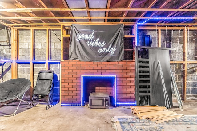 basement with a wood stove