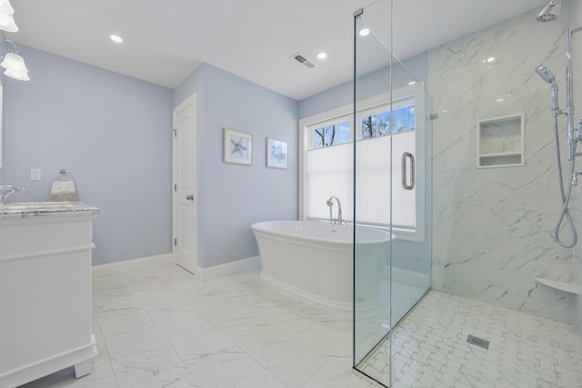 52 Morningside Dr, Greenwich, CT 06830 - bathroom featuring marble look tile flooring, a freestanding tub, a marble finish shower, vanity, and recessed lighting