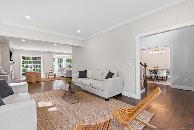 52 Morningside Dr, Greenwich, CT 06830 - living room featuring dark wood-style floors, recessed lighting, and ornamental molding