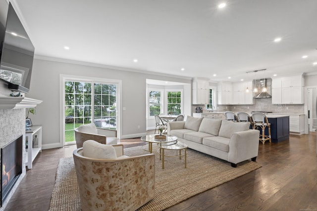 52 Morningside Dr, Greenwich, CT 06830 - living room with a stone fireplace, ornamental molding, recessed lighting, and dark wood-type flooring