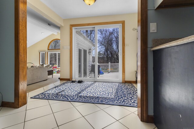 87 Summit St, Newington, CT 06111 - entryway featuring tile patterned floors, lofted ceiling with beams, and baseboards