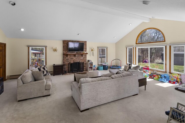 87 Summit St, Newington, CT 06111 - carpeted living room with high vaulted ceiling, a fireplace, a baseboard radiator, and beamed ceiling