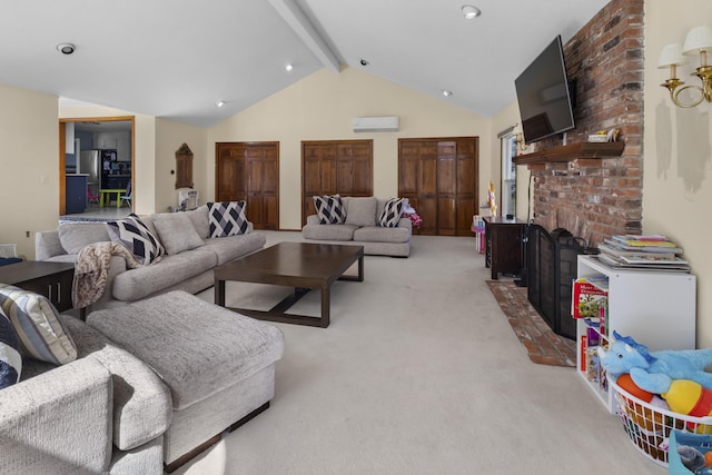 87 Summit St, Newington, CT 06111 - carpeted living room featuring high vaulted ceiling, beamed ceiling, and a brick fireplace