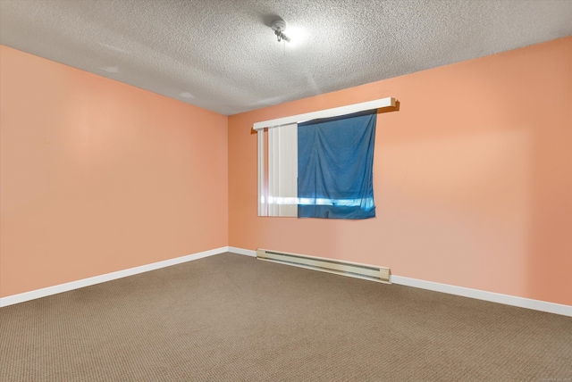 121-123 Sumac St, Waterbury, CT 06704 - spare room featuring baseboards, baseboard heating, dark colored carpet, and a textured ceiling