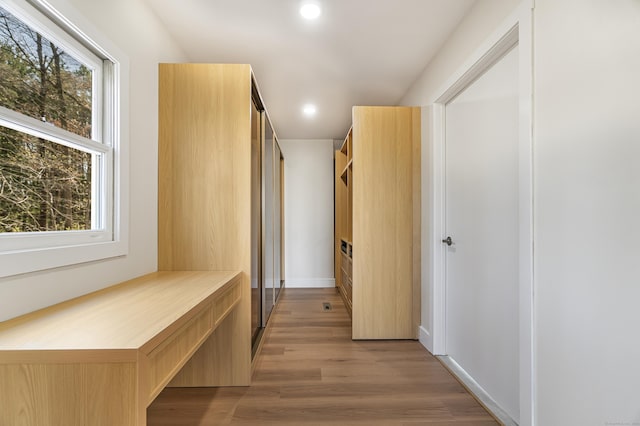 hallway featuring light wood-type flooring, recessed lighting, and a healthy amount of sunlight